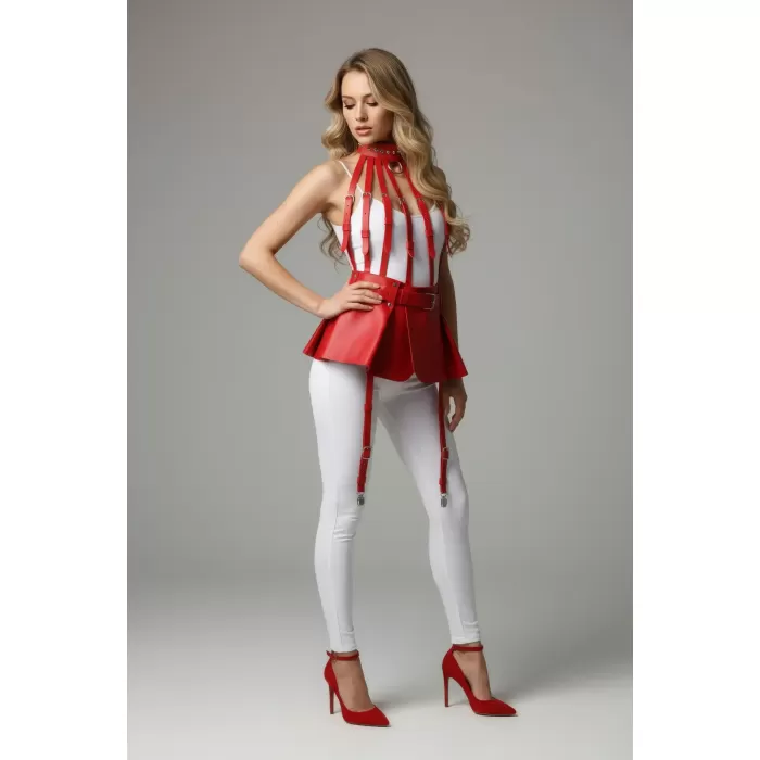 Kırmızı Etek Suni Deri Etek Yüksek Bel Etek Kloş Mini Etek - APFT998