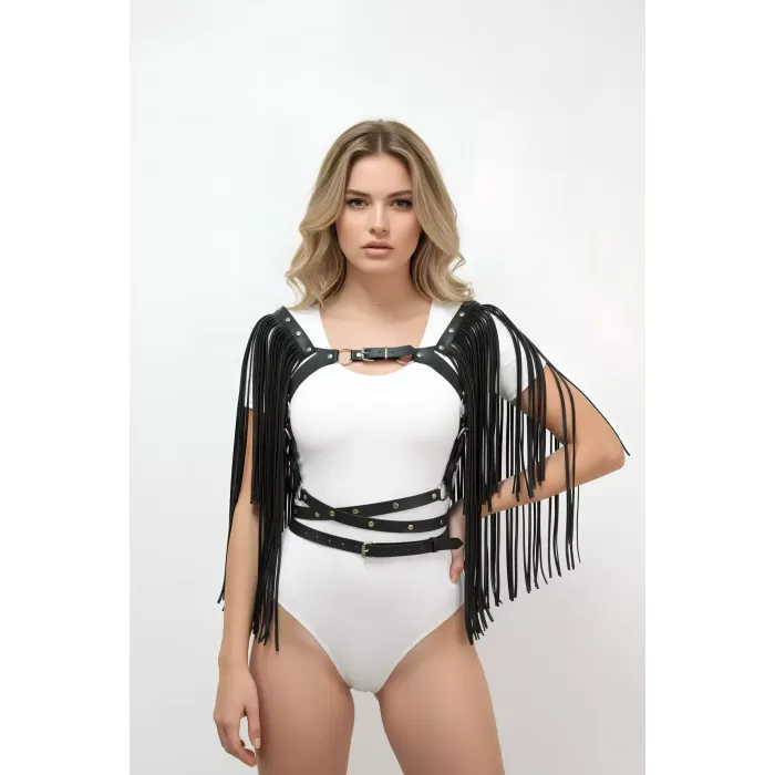 Siyah Göğüs Harness Deri Püsküllü Ayarlanabilir - APFT999