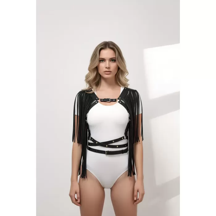 Siyah Göğüs Harness Deri Püsküllü Ayarlanabilir - APFT999