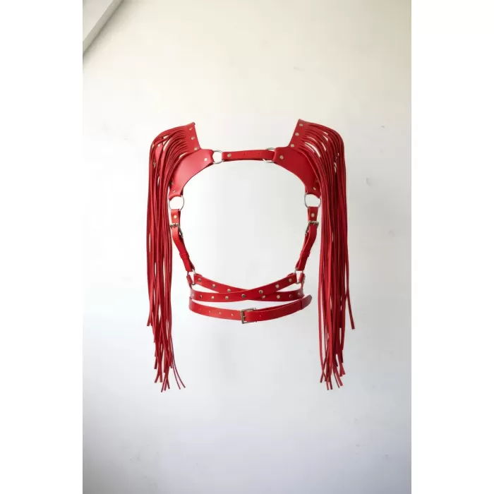 Kırmızı Göğüs Harness Uzun Püsküllü Zımba Detaylı - APFT999