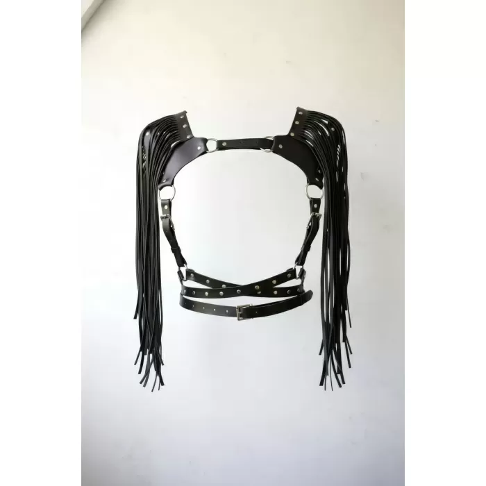 Siyah Göğüs Harness Omuz Püsküllü Zımba Detaylı Deri - APFT999