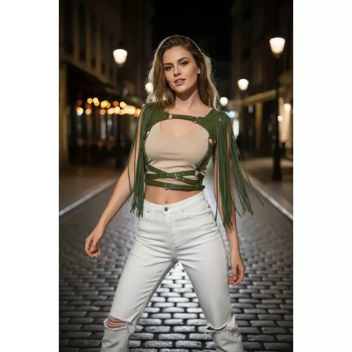 Haki Göğüs Harness Zımba Detaylı Çok Kemerli Deri - APFT999