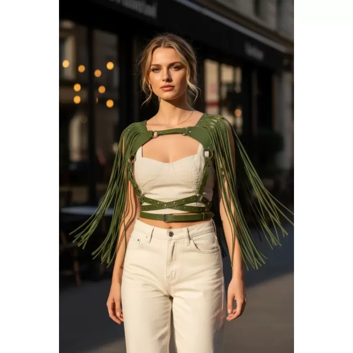 Haki Göğüs Harness Zımba Detaylı Çok Kemerli Deri - APFT999