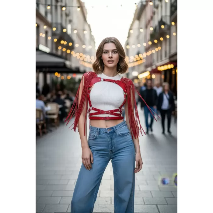 Kırmızı Göğüs Harness Püskül Detaylı Deri Omuz Aksesuarı - APFT999