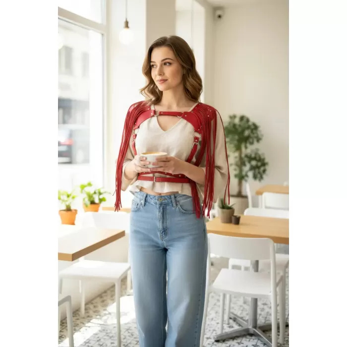 Kırmızı Göğüs Harness Püskül Detaylı Deri Omuz Aksesuarı - APFT999