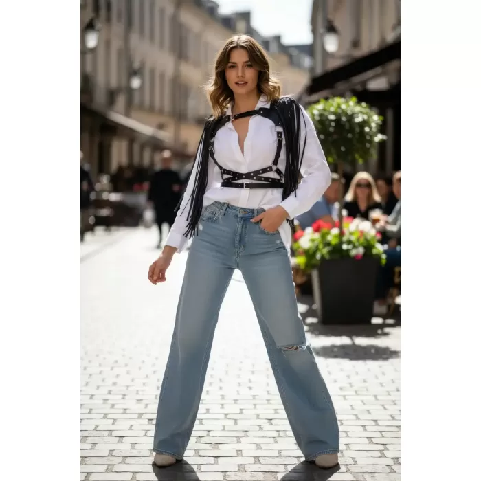 Siyah Göğüs Harness Püsküllü Zımbalı Deri Yelek - APFT999