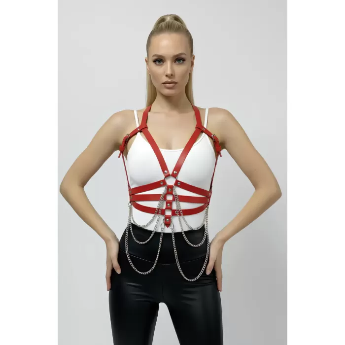 Kırmızı Kadın Kemer Zincir Detaylı Suni Deri Vücut Kemeri - APFT9