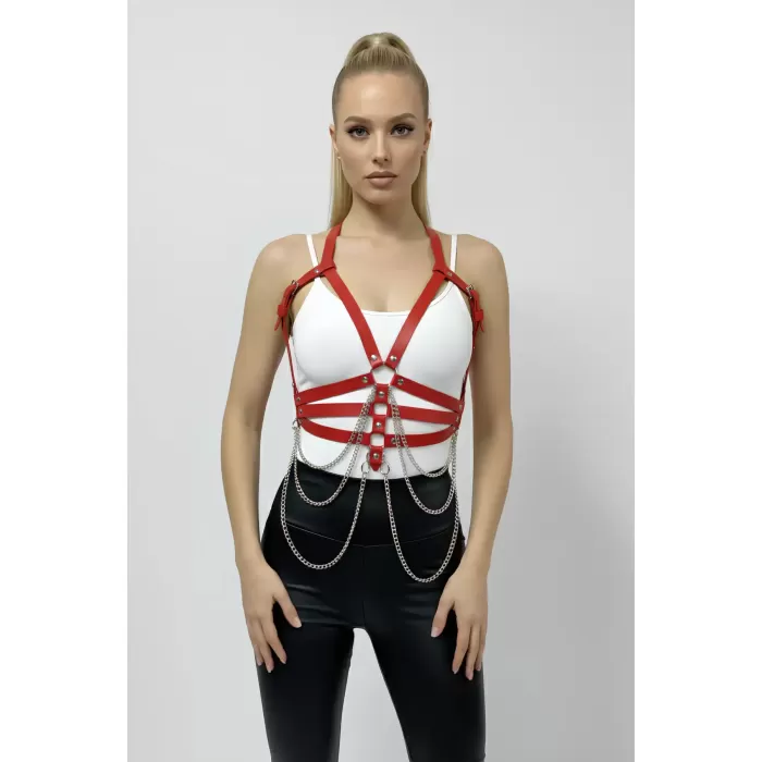 Kırmızı Kadın Kemer Zincir Detaylı Suni Deri Vücut Kemeri - APFT9