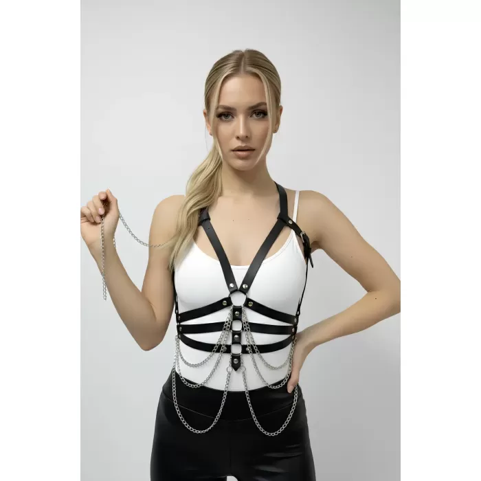 Siyah Kadın Kemer Zincirli Vücut Bağlantılı Aksesuar - APFT9