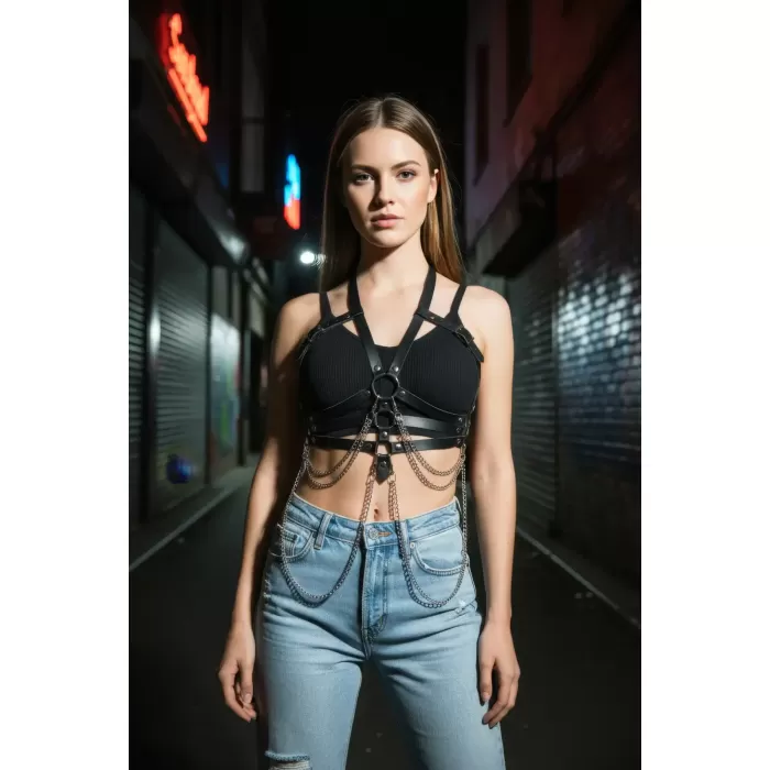 Siyah Kadın Kemer Zincir Detaylı Deri Vücut Kemeri - APFT9