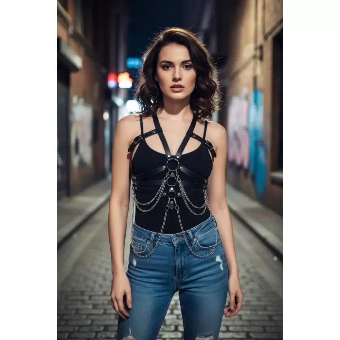 Siyah Kadın Kemer Zincir Detaylı Deri Vücut Kemeri - APFT9