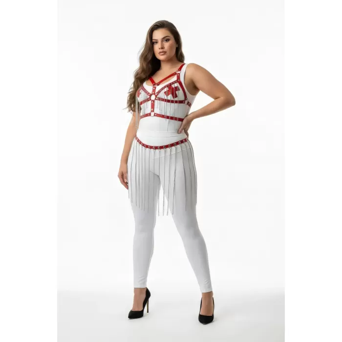 Büyük Beden Beyaz Etek Zincir Detaylı Deri Vücut Aksesuarı - APFT496