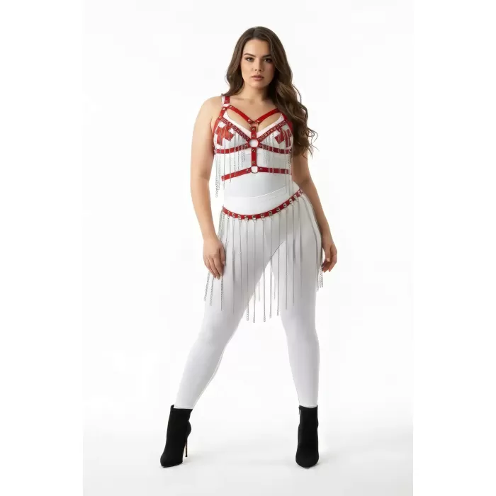 Büyük Beden Beyaz Etek Zincir Detaylı Deri Vücut Aksesuarı - APFT496