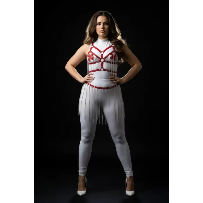 Büyük Beden Beyaz Etek Zincir Detaylı Deri Vücut Aksesuarı - APFT496