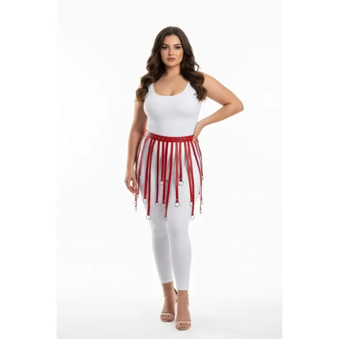 Büyük Beden Kırmızı Deri Etek Askılı Halka Detaylı Kemer - APFT579