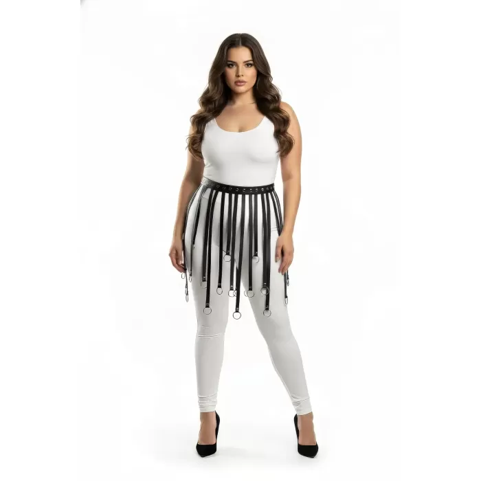 Büyük Beden Siyah Deri Harness Etek Metal Halkalı Fantazi Kombin - APFT579