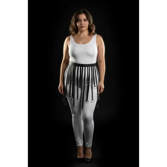 Büyük Beden Siyah Deri Harness Etek Metal Halkalı Fantazi Kombin - APFT579