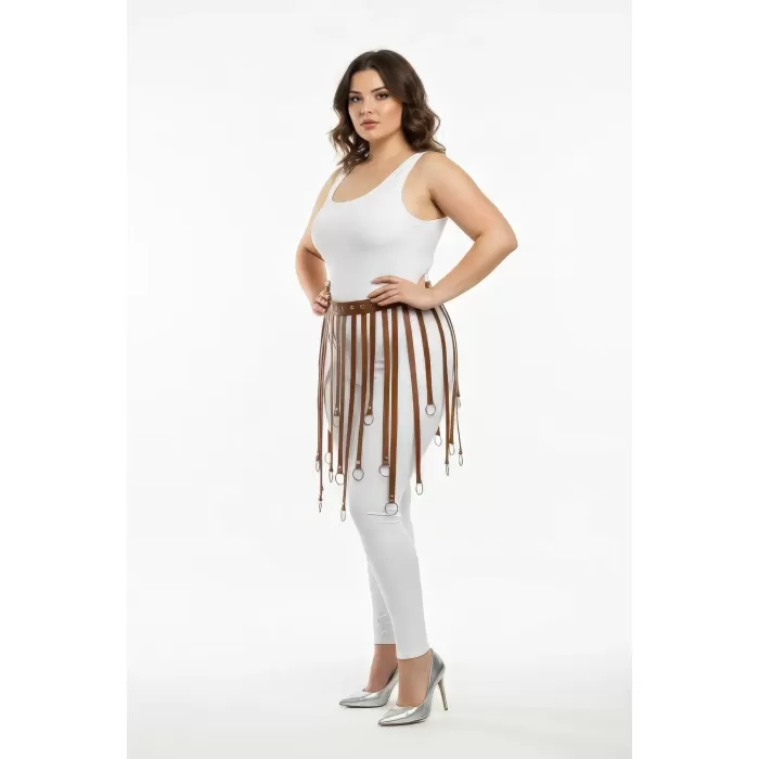 Büyük Beden Taba Halka Detaylı Deri Görünümlü Aksesuar Etek - APFT579