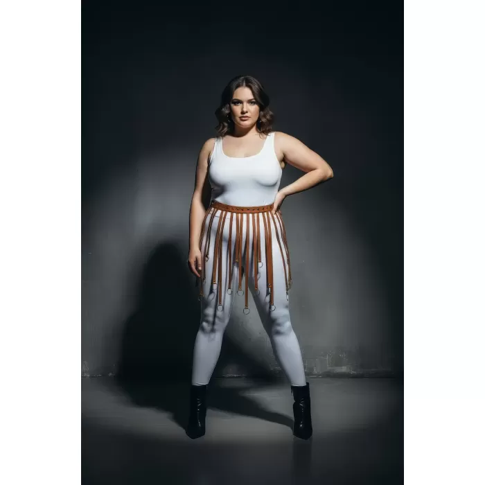 Büyük Beden Taba Halka Detaylı Deri Görünümlü Aksesuar Etek - APFT579