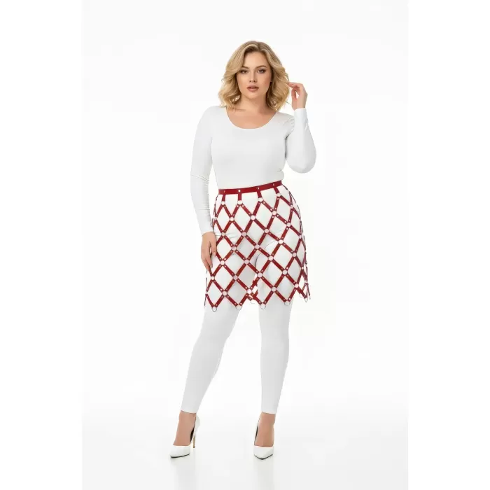 Büyük Beden Kırmızı Deri Etek Kafes Tasarımlı Fantazi Harness - APFT694