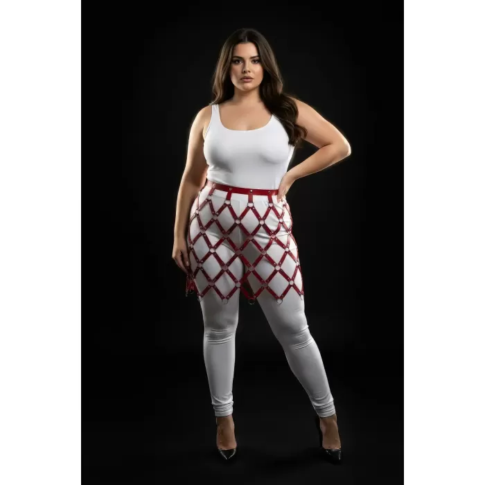 Büyük Beden Kırmızı Deri Etek Kafes Tasarımlı Fantazi Harness - APFT694