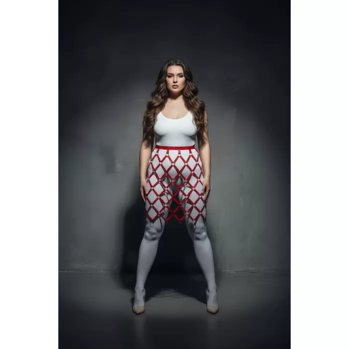 Büyük Beden Kırmızı Deri Etek Kafes Tasarımlı Fantazi Harness - APFT694