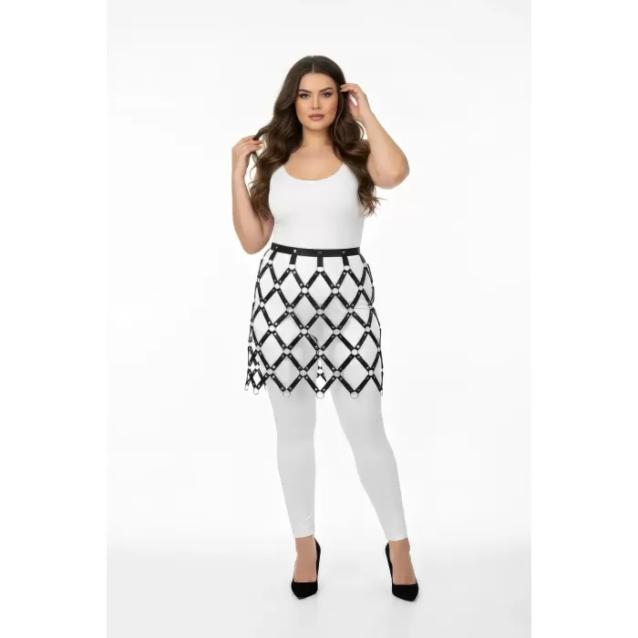 Büyük Beden Siyah Etek Fantazi Deri Görünümlü Metal Halka Detaylı Harness - APFT694