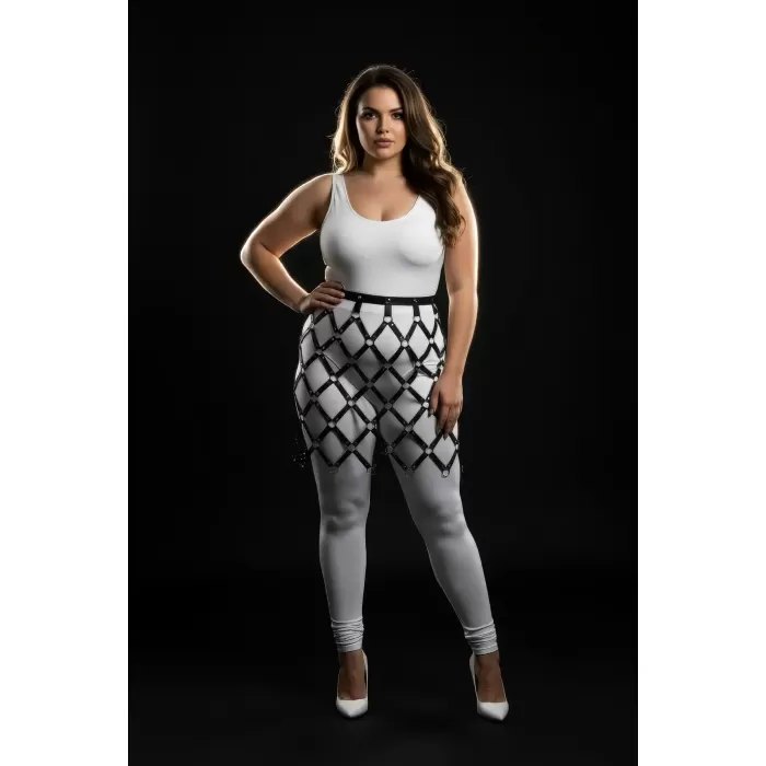 Büyük Beden Siyah Etek Fantazi Deri Görünümlü Metal Halka Detaylı Harness - APFT694