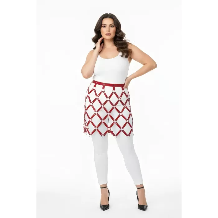 Büyük Beden Bordo Deri Harness Etek Halka Detaylı File Desenli - APFT696