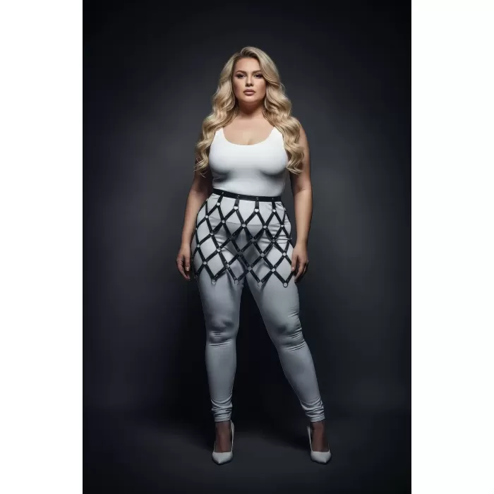 Büyük Beden Siyah Deri Etek Halka Detaylı File Desenli Harness Aksesuarı - APFT696