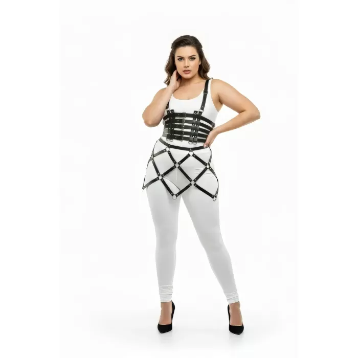 Büyük Beden Siyah Etek Kafes Detaylı Deri Harness Aksesuar - APFT785