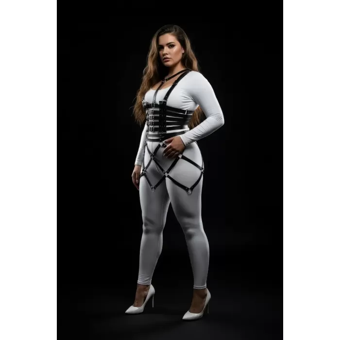 Büyük Beden Siyah Etek Kafes Detaylı Deri Harness Aksesuar - APFT785