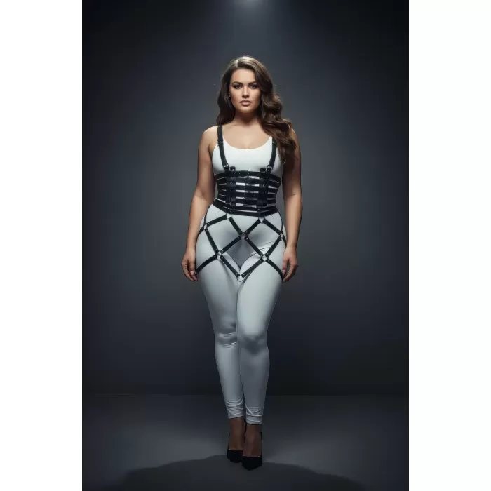 Büyük Beden Siyah Etek Kafes Detaylı Deri Harness Aksesuar - APFT785