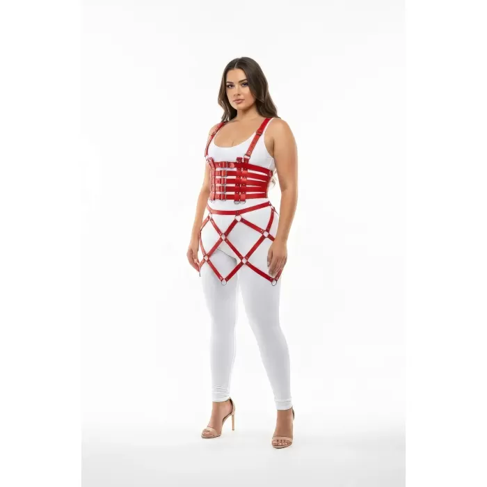 Büyük Beden Kırmızı Etek Büstiyer Görünümlü Kafes Tasarım Deri Harness - APFT785