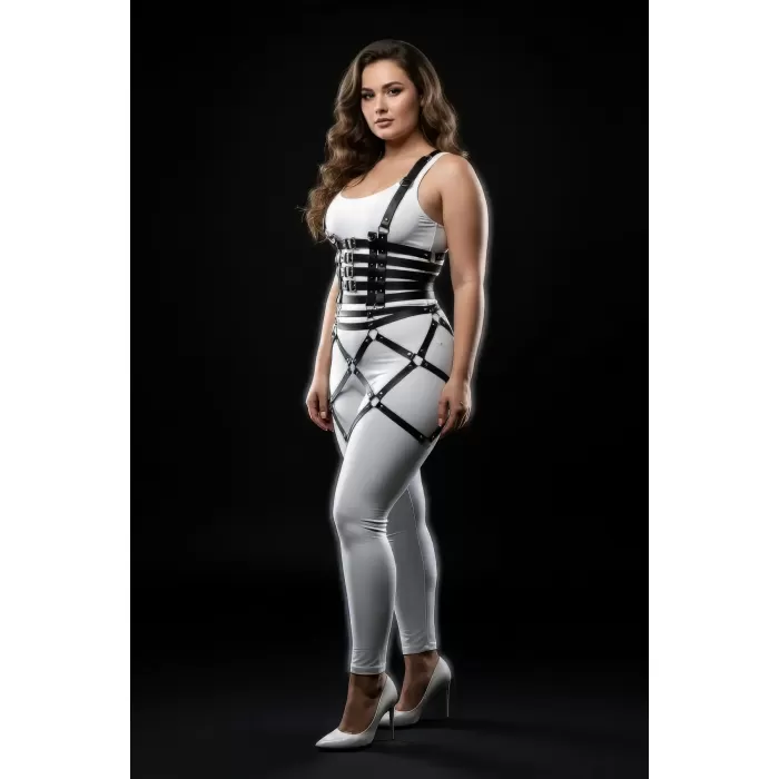 Büyük Beden Siyah Deri Etek Harness Halka Detaylı Fantazi Vücut Aksesuarı - APFT785