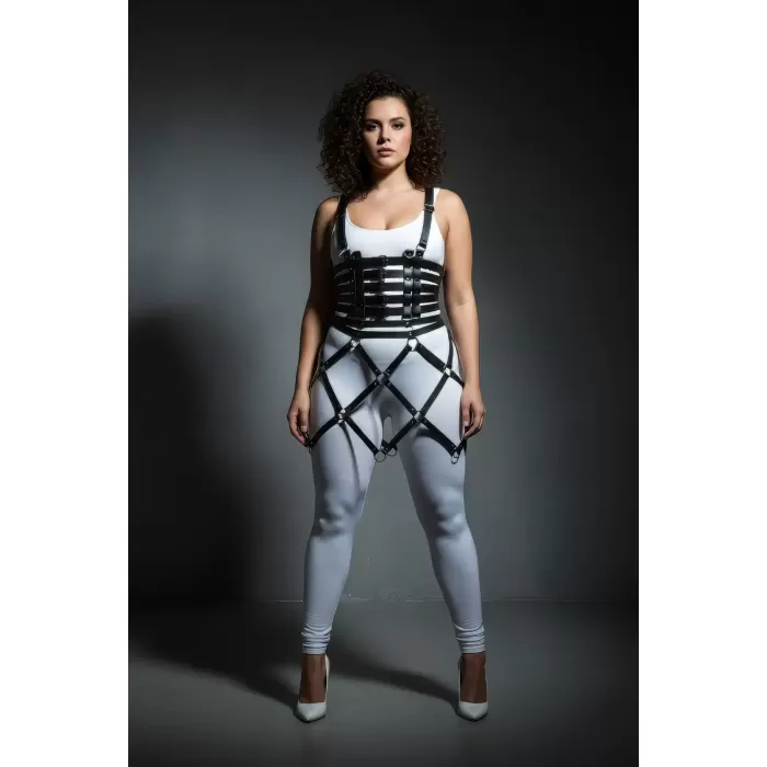 Büyük Beden Siyah Deri Etek Harness Halka Detaylı Fantazi Vücut Aksesuarı - APFT785