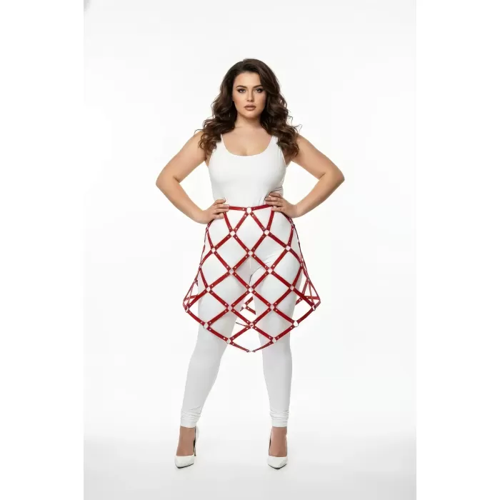 Büyük Beden Kırmızı Deri Etek Harness Kafes Örgü Tasarımlı Vücut Aksesuarı - APFT982