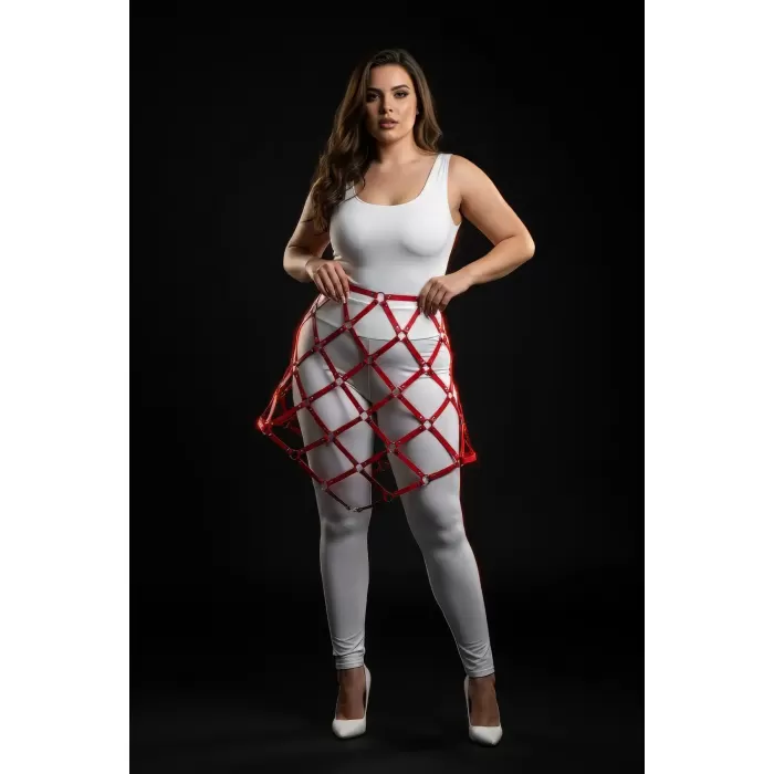Büyük Beden Kırmızı Deri Etek Harness Kafes Örgü Tasarımlı Vücut Aksesuarı - APFT982