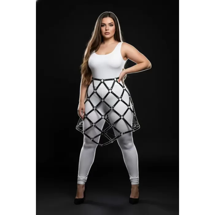 Büyük Beden Siyah Deri Kafes Tasarımlı Harness Etek - APFT982