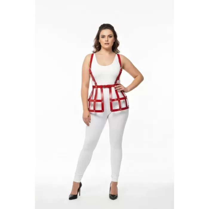 Büyük Beden Kırmızı Deri Etek Harness Detaylı Fantazi Vücut Aksesuarı - APFT983