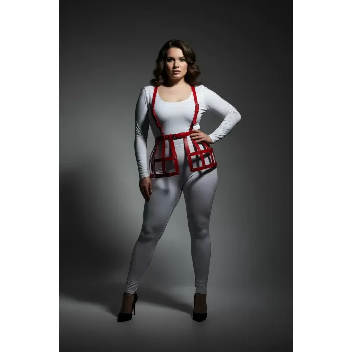 Büyük Beden Kırmızı Deri Etek Harness Detaylı Fantazi Vücut Aksesuarı - APFT983