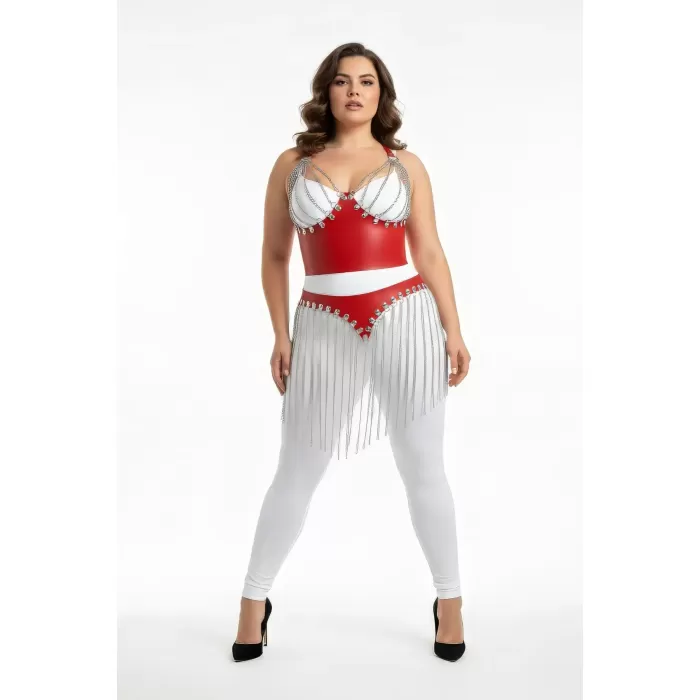 Büyük Beden Kırmızı Etek Zincir Püsküllü Deri Aksesuar - APFT994