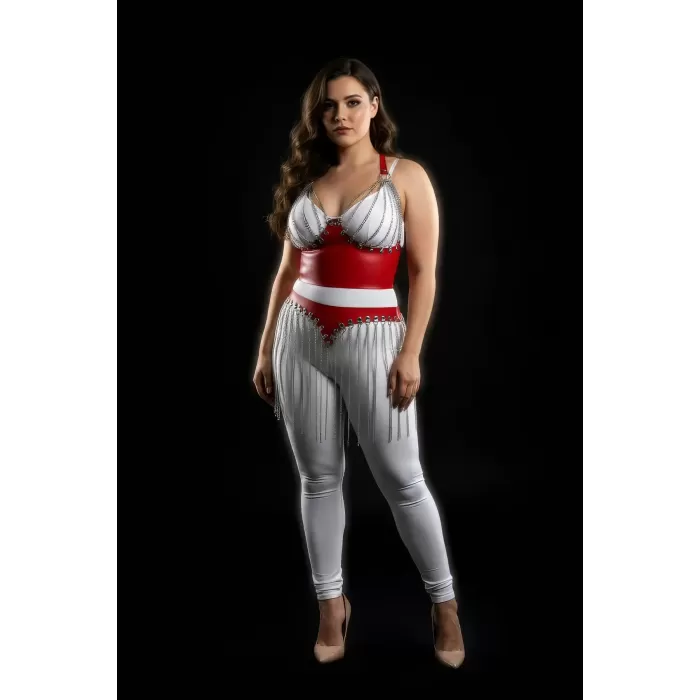 Büyük Beden Kırmızı Etek Zincir Püsküllü Deri Aksesuar - APFT994