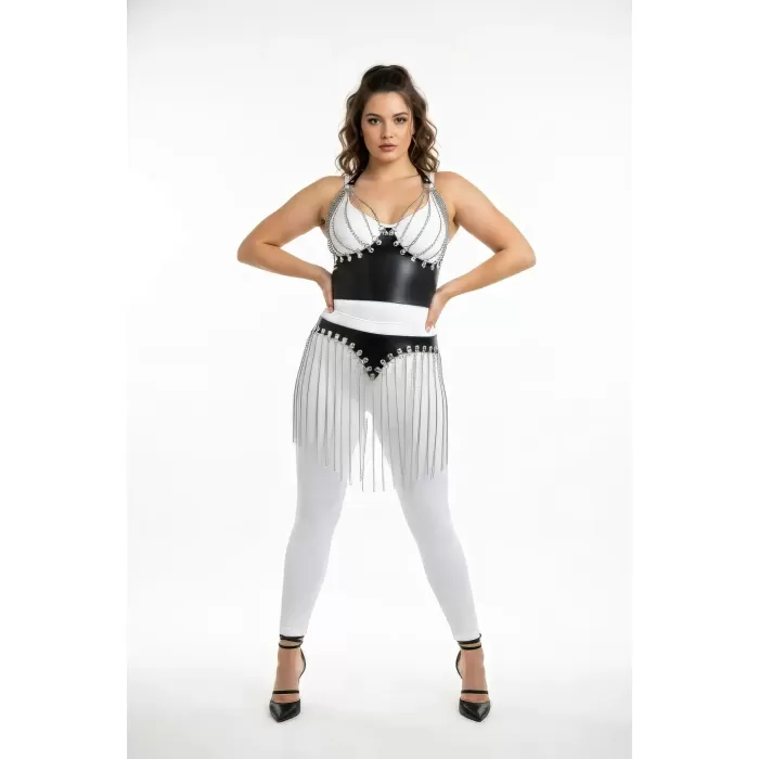 Büyük Beden Siyah Etek Deri Görünümlü Zincir Saçak Detaylı - APFT994