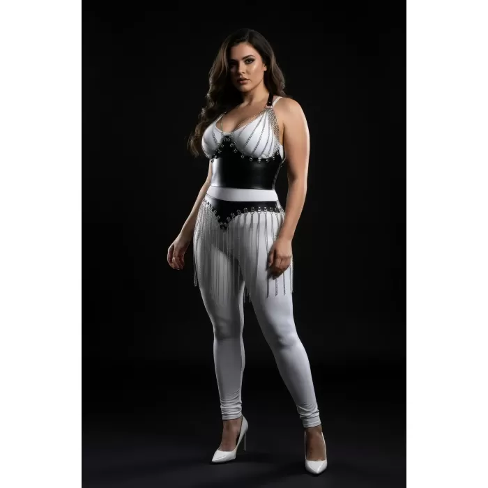 Büyük Beden Siyah Etek Deri Görünümlü Zincir Saçak Detaylı - APFT994