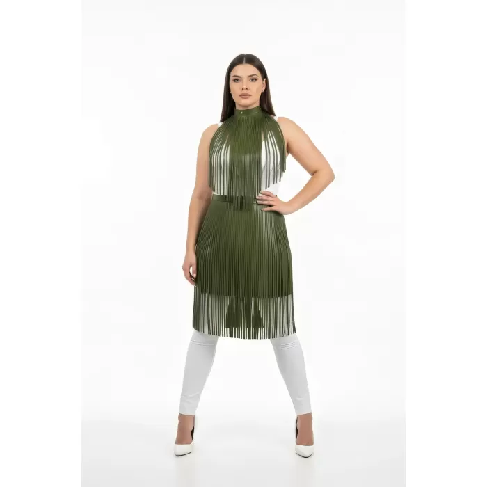 Büyük Beden Haki Deri Püskül Detaylı Uzun Etek - APFT997