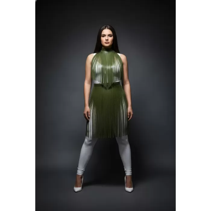 Büyük Beden Haki Deri Püskül Detaylı Uzun Etek - APFT997