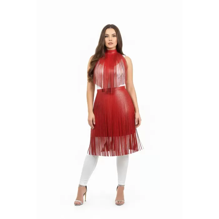 Büyük Beden Kırmızı Deri Etek Yüksek Bel Püskül Detaylı - APFT997