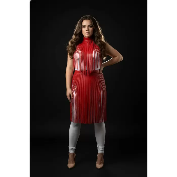 Büyük Beden Kırmızı Deri Etek Yüksek Bel Püskül Detaylı - APFT997