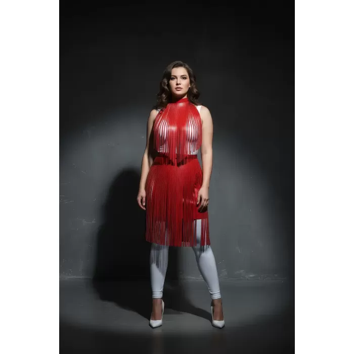 Büyük Beden Kırmızı Deri Etek Yüksek Bel Püskül Detaylı - APFT997